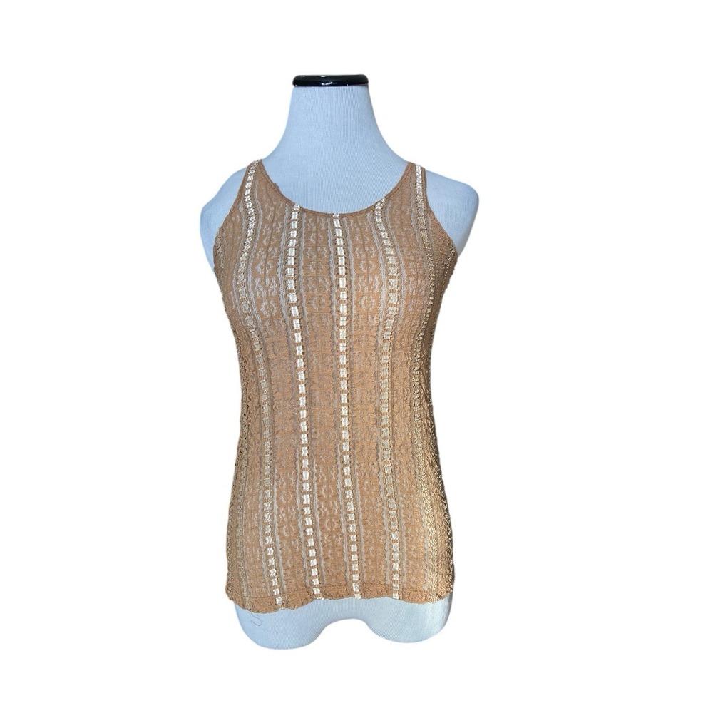 Y2K Sheer Lace Nylon Tank Top Size S Tan Stretch Boho Coastal‎ Layering Bodycon